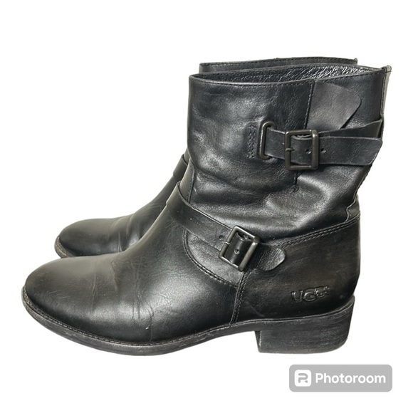UGG Fletcher Black Leather Water-resistant Buckle Ankle Boots Women size 7 - Picture 3 of 16